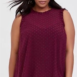 Torrid Chiffon Swiss dot maroon mock Neck with ruffle trim blouse.